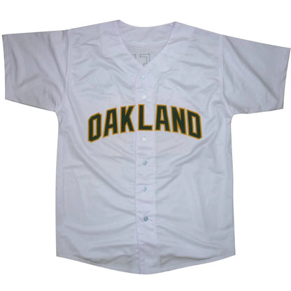 Rickey Henderson signed custom jersey in white Oakland style with green lettering