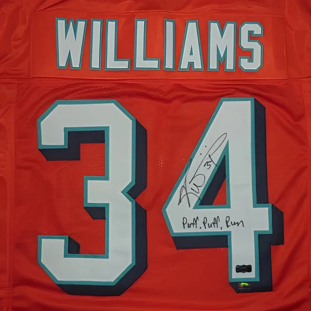 Autographed Miami custom jersey with Ricky Williams puff puff run legend design