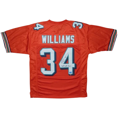 Autographed Ricky Williams Miami orange jersey with Puff Puff Run