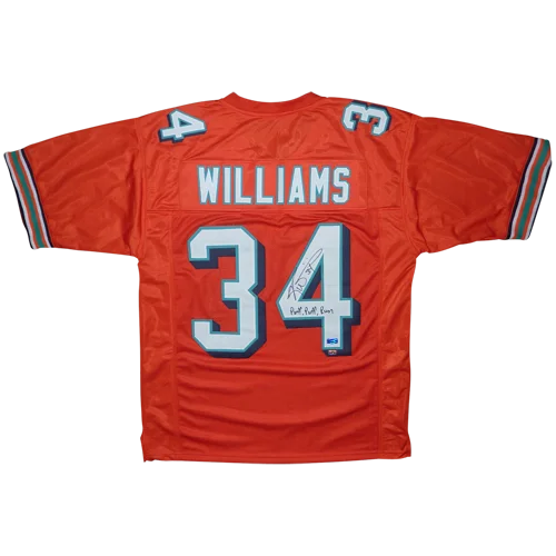 Autographed Ricky Williams Miami orange jersey with Puff Puff Run