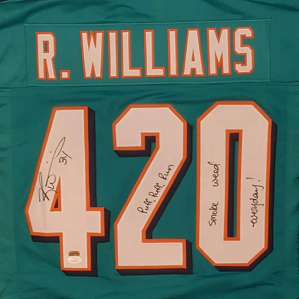 Ricky Williams autographed teal Miami Dolphins jersey with Smoke Weed Everyday