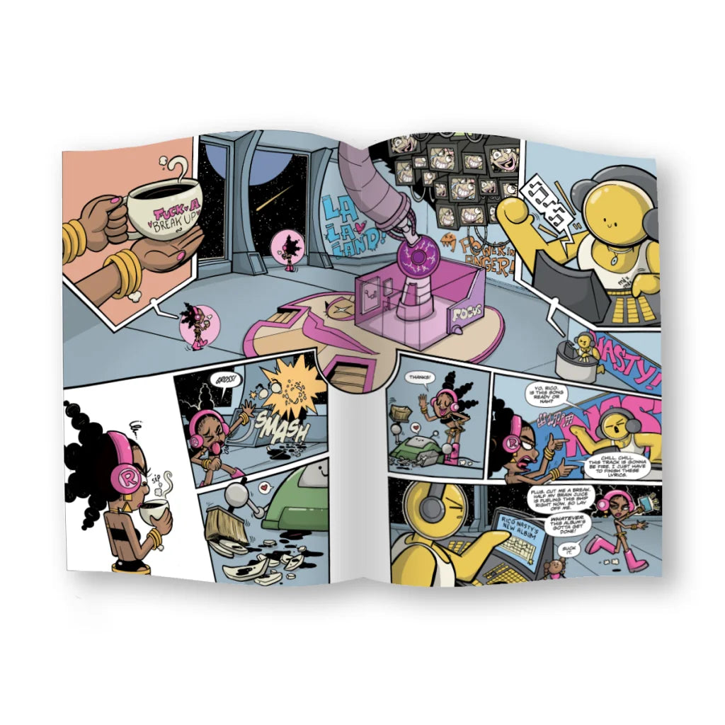 Open Rico Nasty Space Adventure Comic Book with colorful illustrations on crash landing Earth