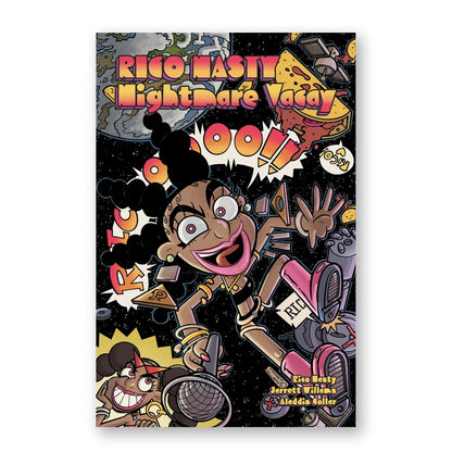 Rico Nasty space adventure comic book with cartoon character, microphone, cosmic background