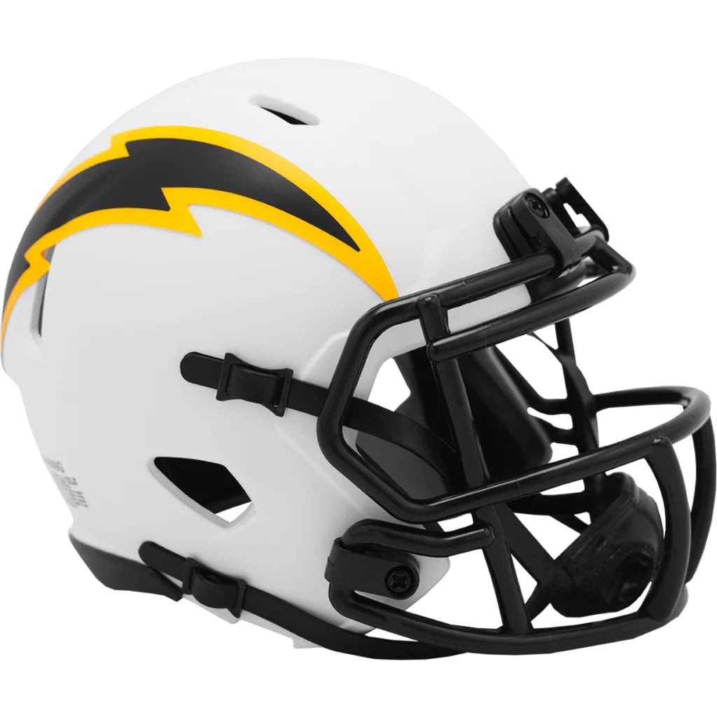 Riddell Lunar Speed mini football helmet in white, black, and yellow lightning bolt design