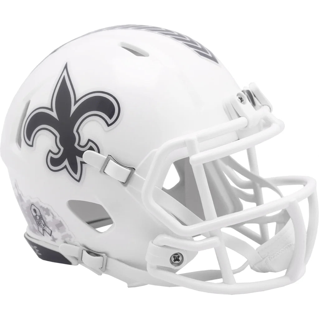 White Riddell NFL Salute to Service Saints helmet with fleur-de-lis