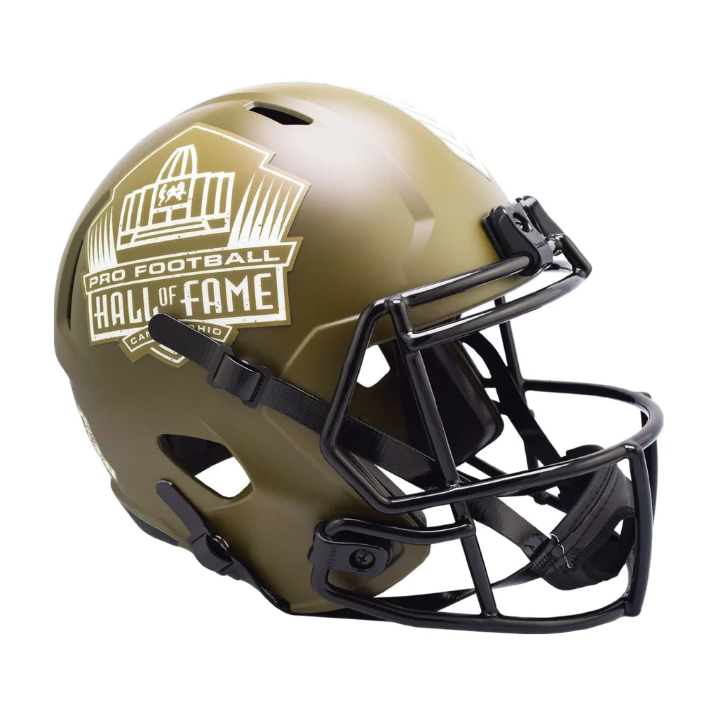 Olive green Riddell NFL Salute to Service Hall of Fame helmet with black mask and gold details