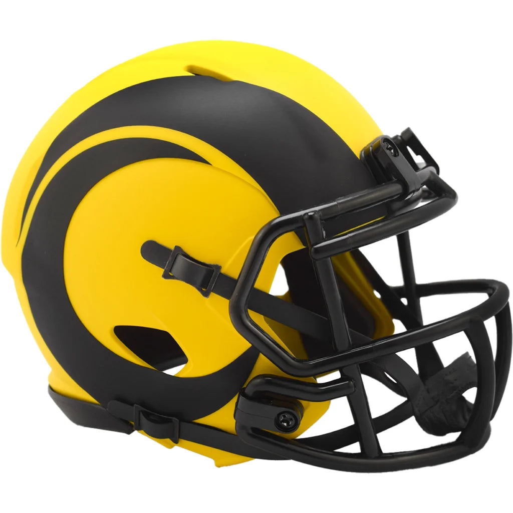 Riddell Rave mini football helmet in bold matte black and yellow with spiral design