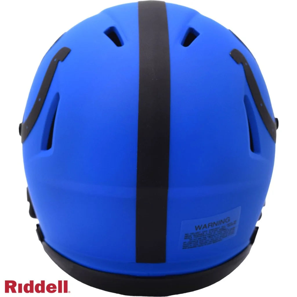 Matte blue Riddell Rave mini football helmet with black accents, vents, Colts design