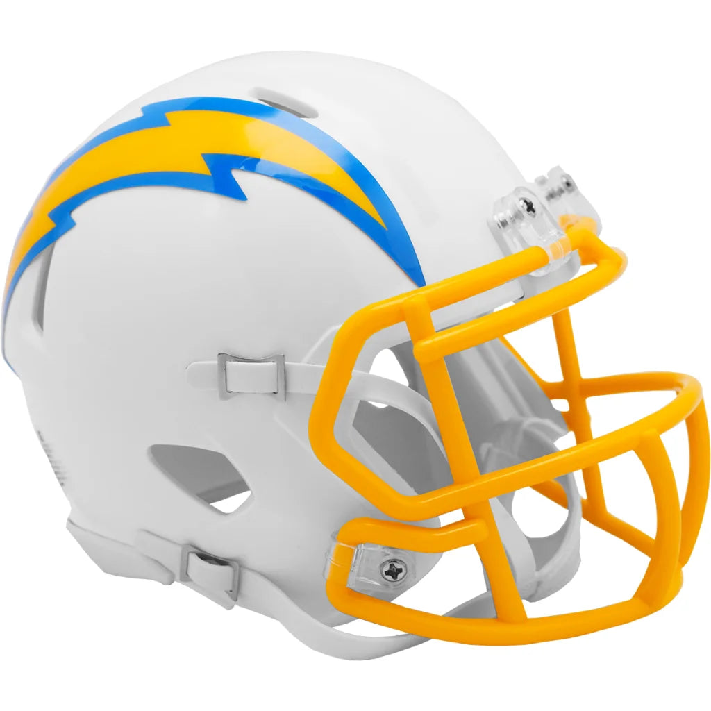 White and gold Riddell Speed Mini helmet with lightning bolt design