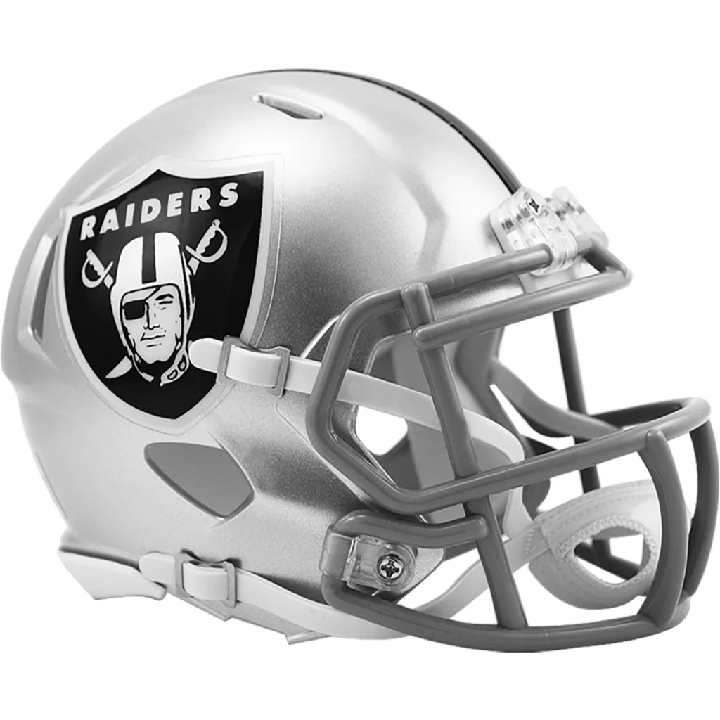 Riddell Speed Mini Helmet Silver Raiders Edition with black white logo