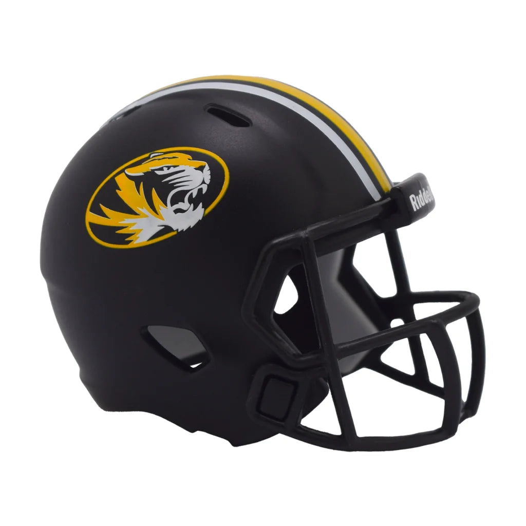 Matte black Riddell Speed Pocket Pro Missouri Tigers mini helmet with gold accents