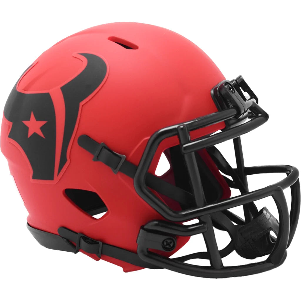 Matte red Riddell SpeedFlex mini football helmet with black mask and Texans star