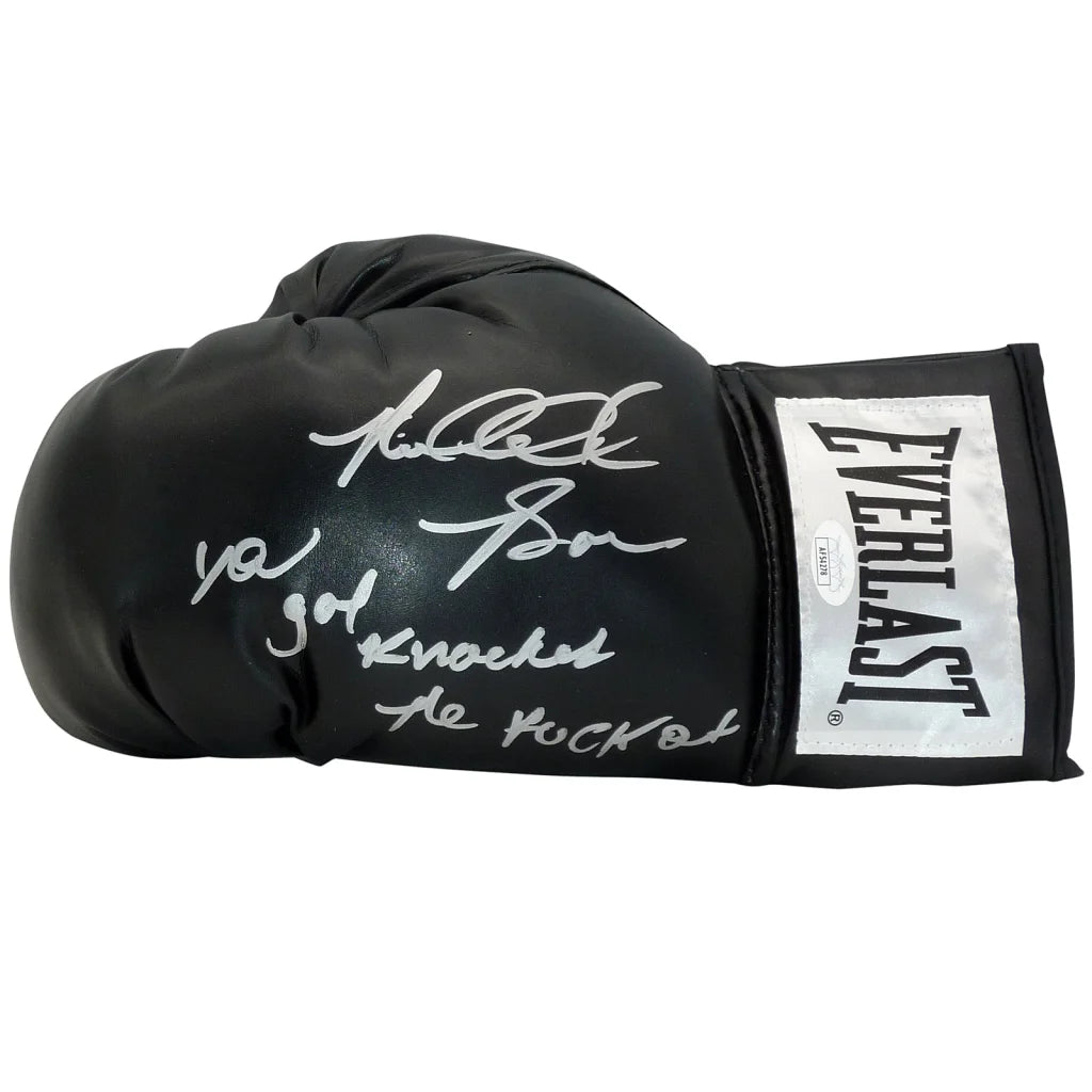 Riddick Bowe autographed black Everlast boxing glove with long inscription