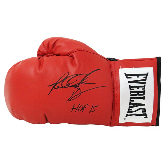 Riddick Bowe autographed red Everlast boxing glove with HOF 15 inscription