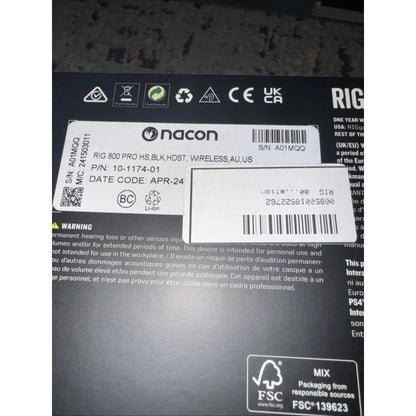 Black RIG 800 Pro HS wireless gaming headset box with certifications