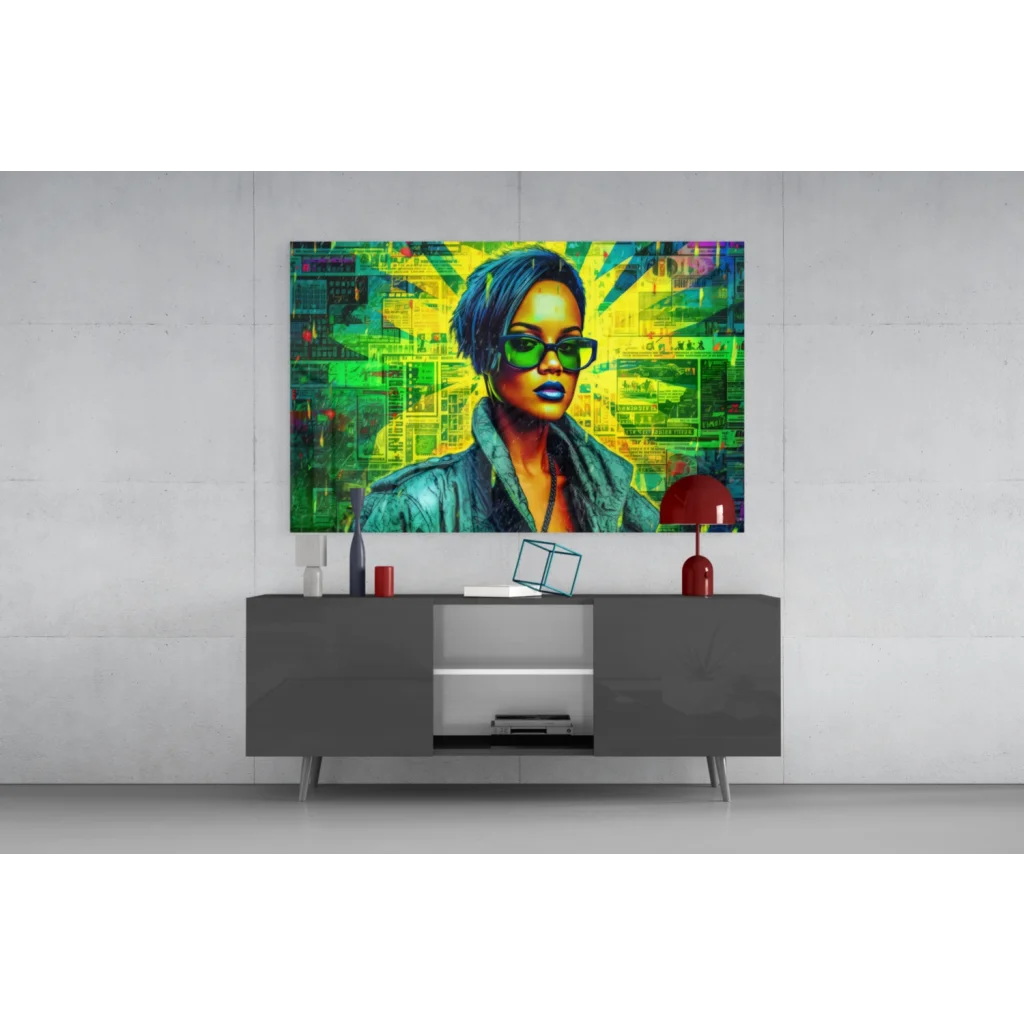 Vibrant Neon Rihanna pop art on glass wall, cyberpunk woman with blue hair