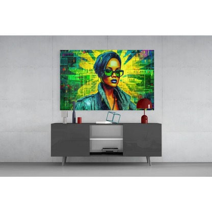 Vibrant Neon Rihanna pop art on glass wall, cyberpunk woman with blue hair