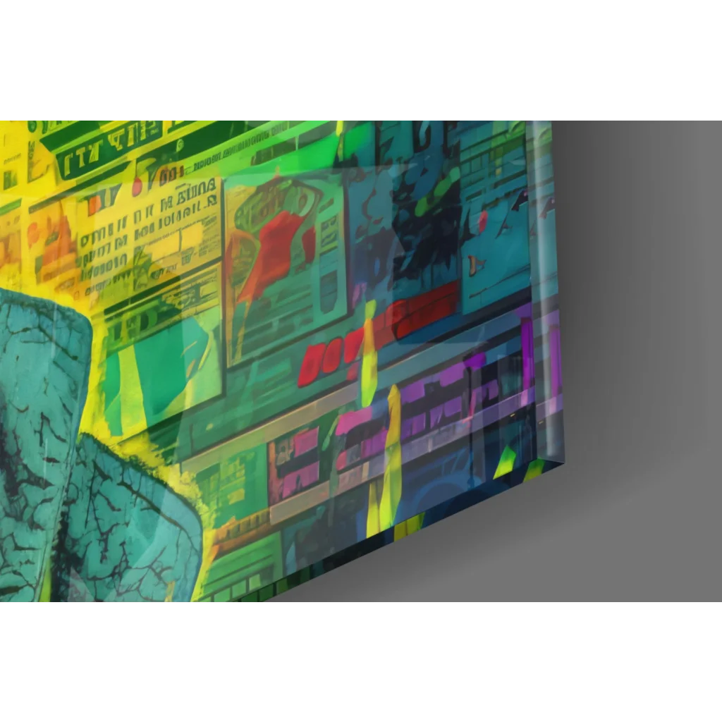 Vibrant Neon Rihanna pop art glass wall art with graffiti greens, yellows, purples