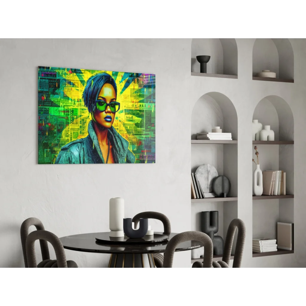 Neon Rihanna pop art glass wall art with blue-haired woman