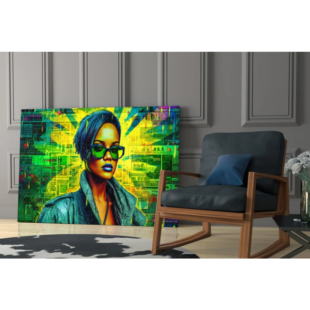 Vibrant Rihanna pop art glass wall art with green sunglasses and teal jacket