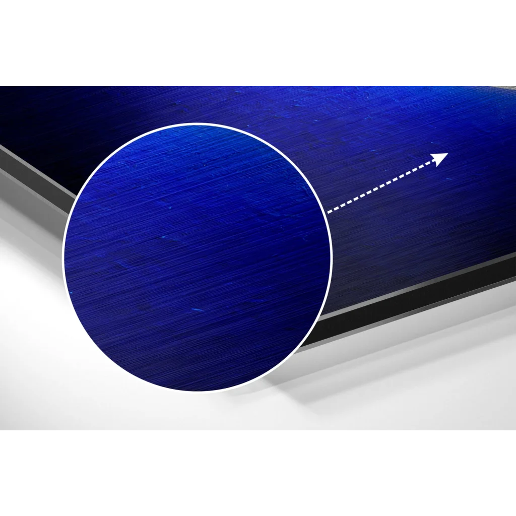 Stunning brushed aluminium dibond wall art with deep blue neon glow