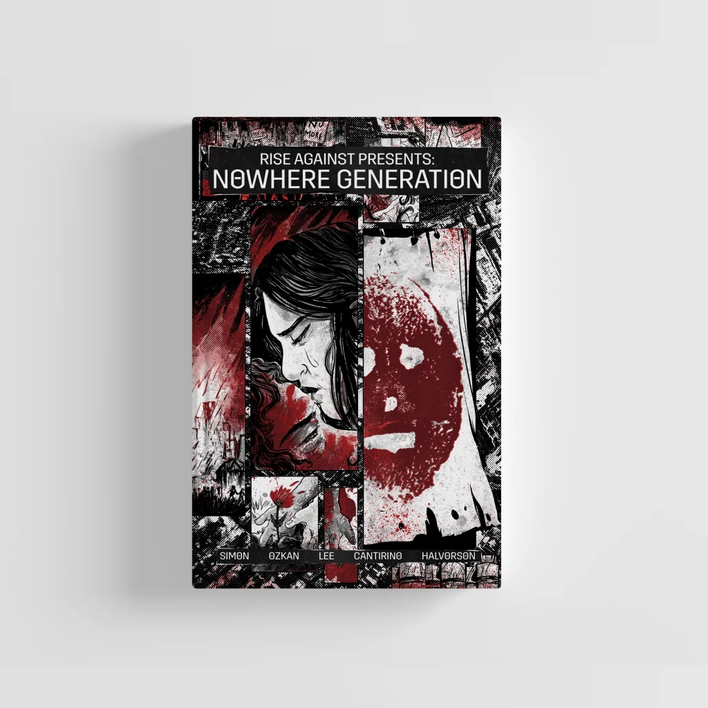 Graphic novel with black, white, and red cover featuring faces and a rose, Rise Against Nowhere Generation softcover edition by Val Halvorson