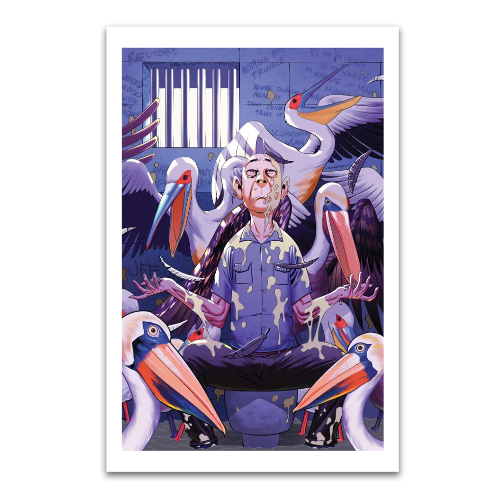 Comic book art by Butch Mapa and David Mack featuring a man in a prison cell with pelicans covered in yellowish substance