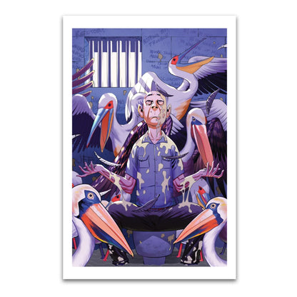 Comic book art by Butch Mapa and David Mack featuring a man in a prison cell with pelicans covered in yellowish substance