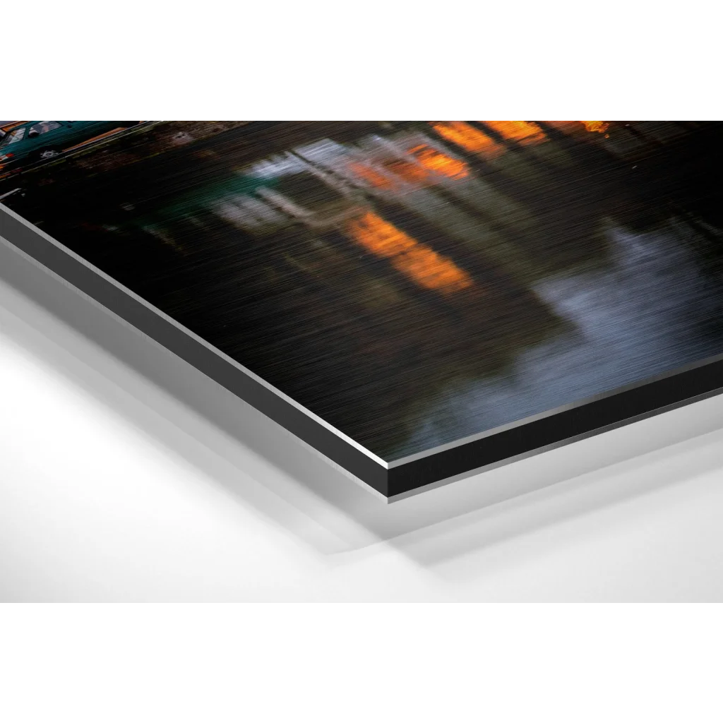 Brushed aluminium Dibond print of blurred Amsterdam nighttime street scene