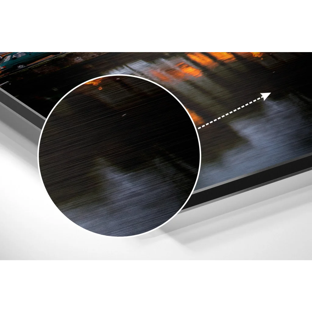 Black brushed aluminium dibond print of rainy Amsterdam street with orange reflections