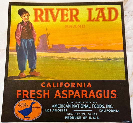 Antique Vintage 1940s River Lad Asparagus Crate Label, Los Angeles, CA, Awesome!