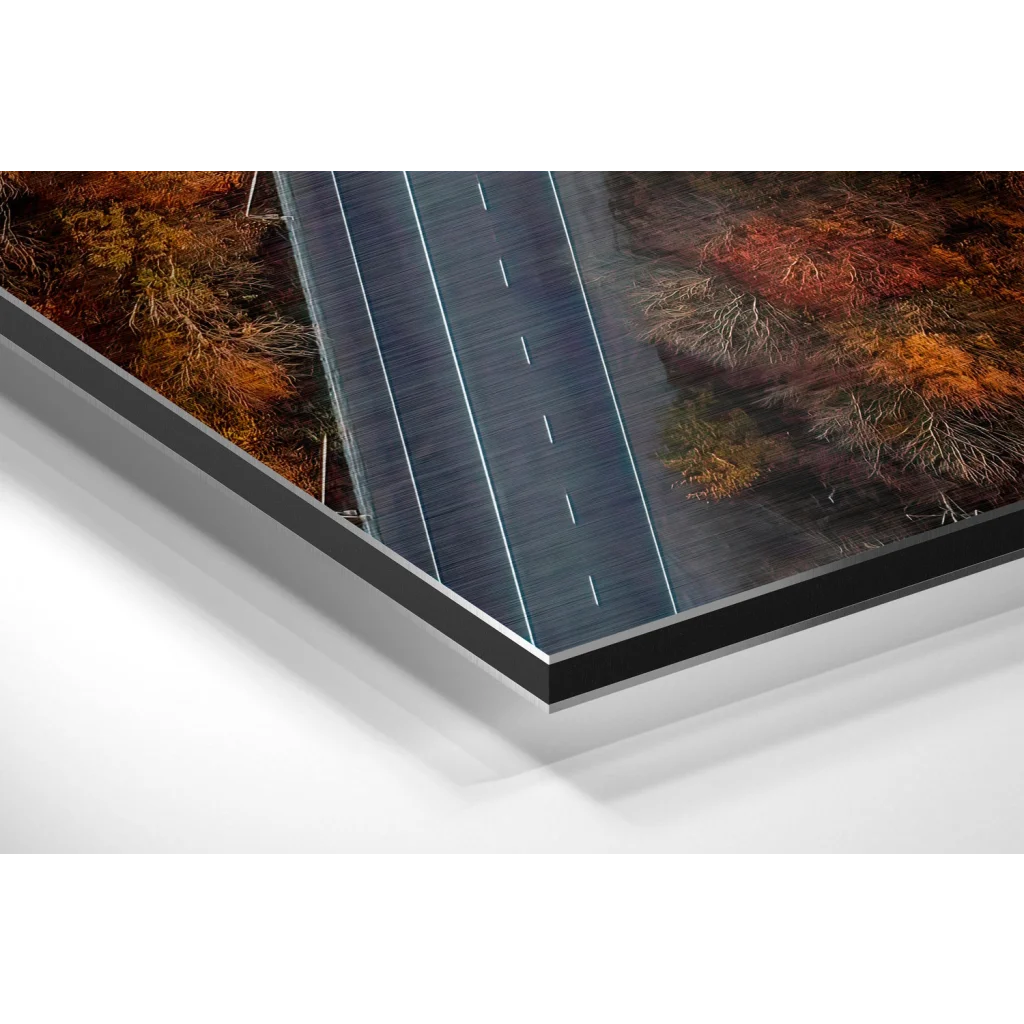 Black-framed brushed aluminium dibond of autumn highway forest art