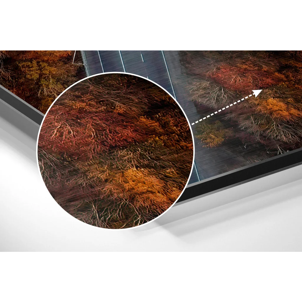 Stunning autumn forest on brushed aluminium dibond TV frame