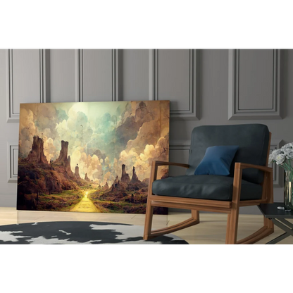 Stunning glass wall art of surreal desert with golden path