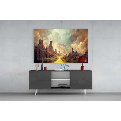 Surreal desert glass wall art print with golden path and rock formations
