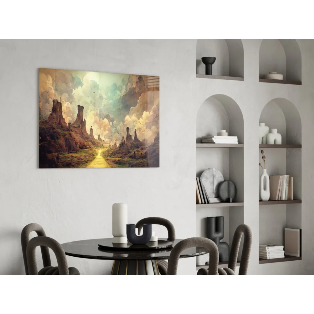 Surreal glass wall art of desert landscape with rock formations and golden path