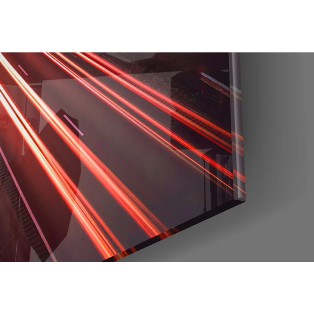 Vibrant red laser light trails on sleek Mountain Highway glass wall art
