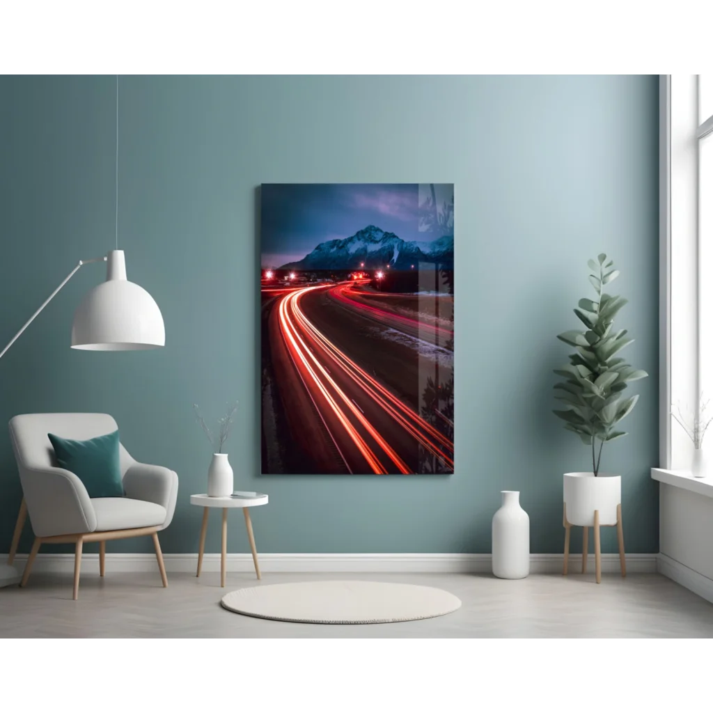 Mountain Highway Light Trails Glass Wall Art Print | Contemporary Home Wall Art | vintageantiquesgifts.com