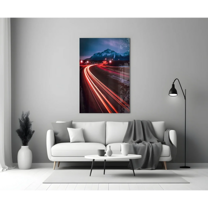 Mountain Highway Light Trails Glass Wall Art Print | Modern Wall Art Decor | vintageantiquesgifts.com