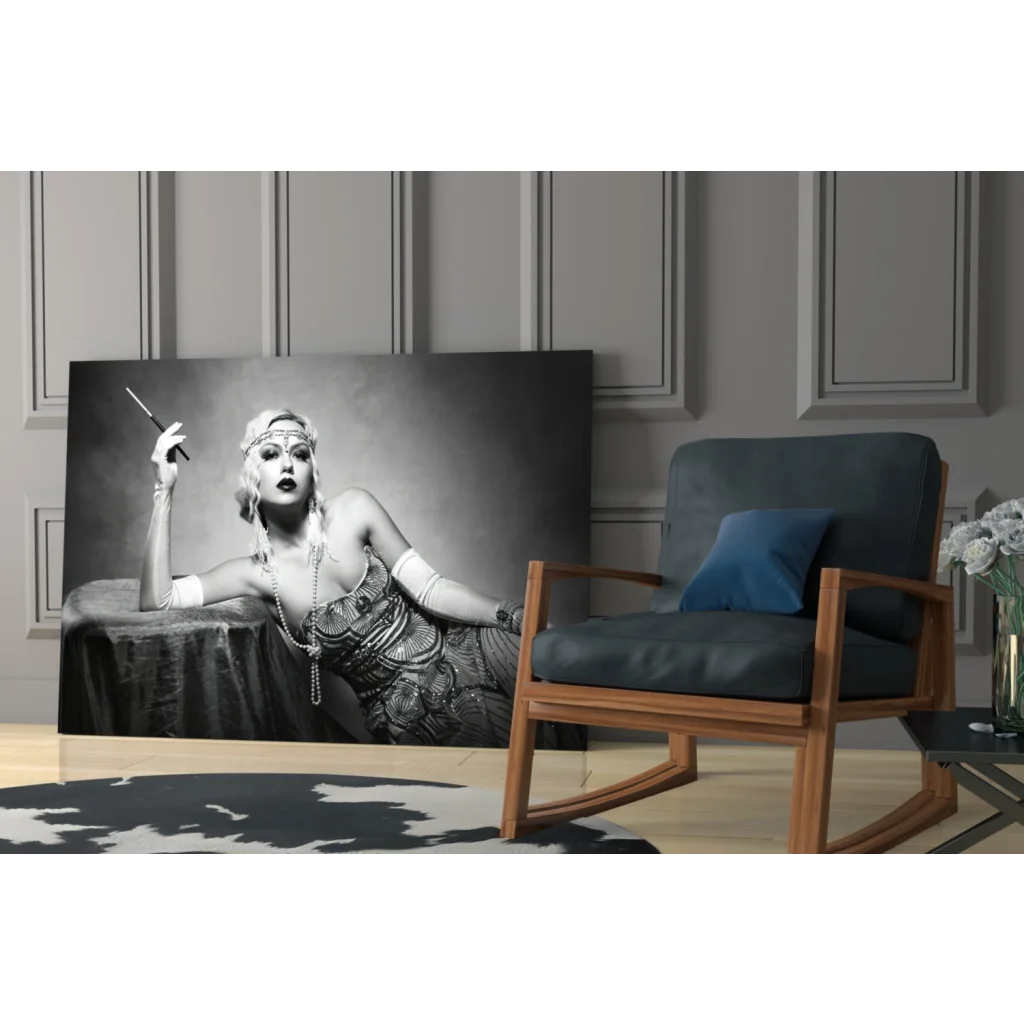 Vintage flapper woman black and white canvas wall art with beaded glamour