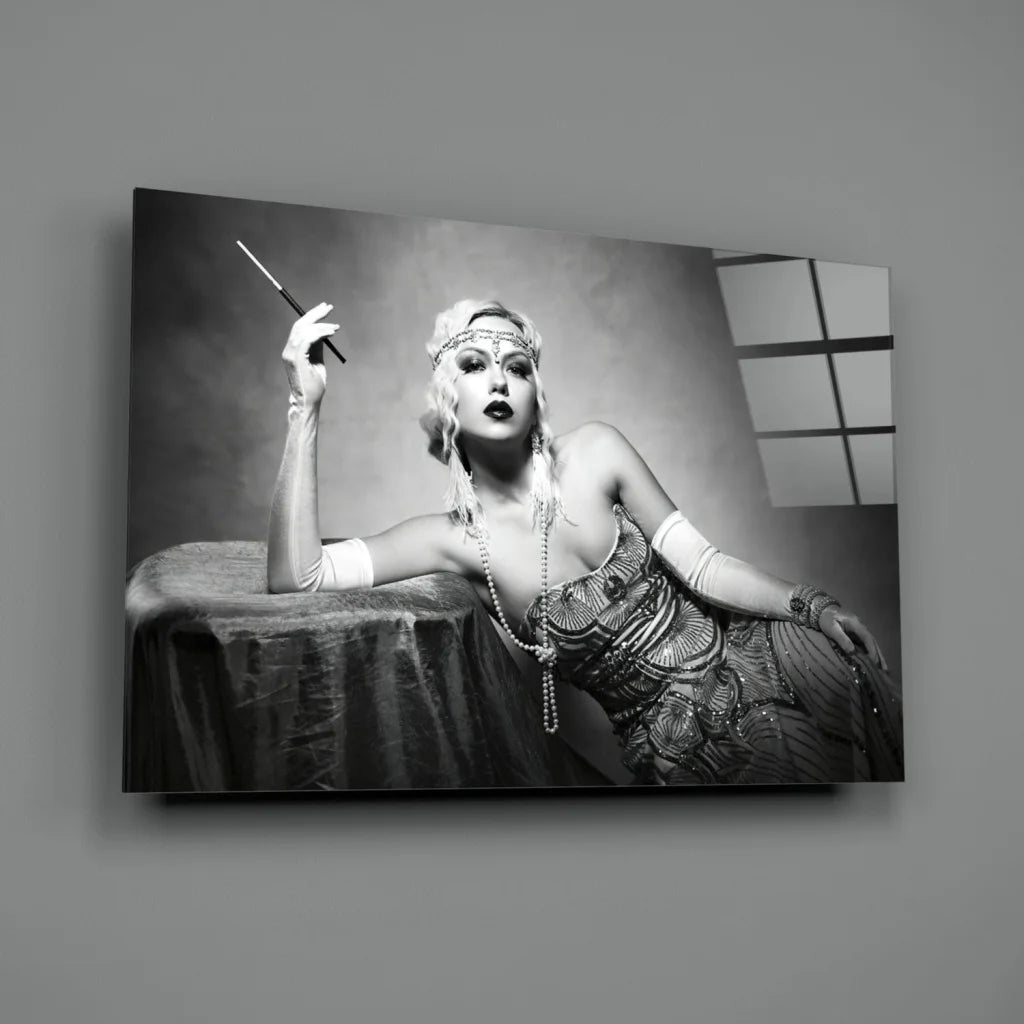 Vintage Flapper Woman Canvas Wall Art in Glamorous Black and White | Glass Wall Art Print | vintageantiquesgifts.com
