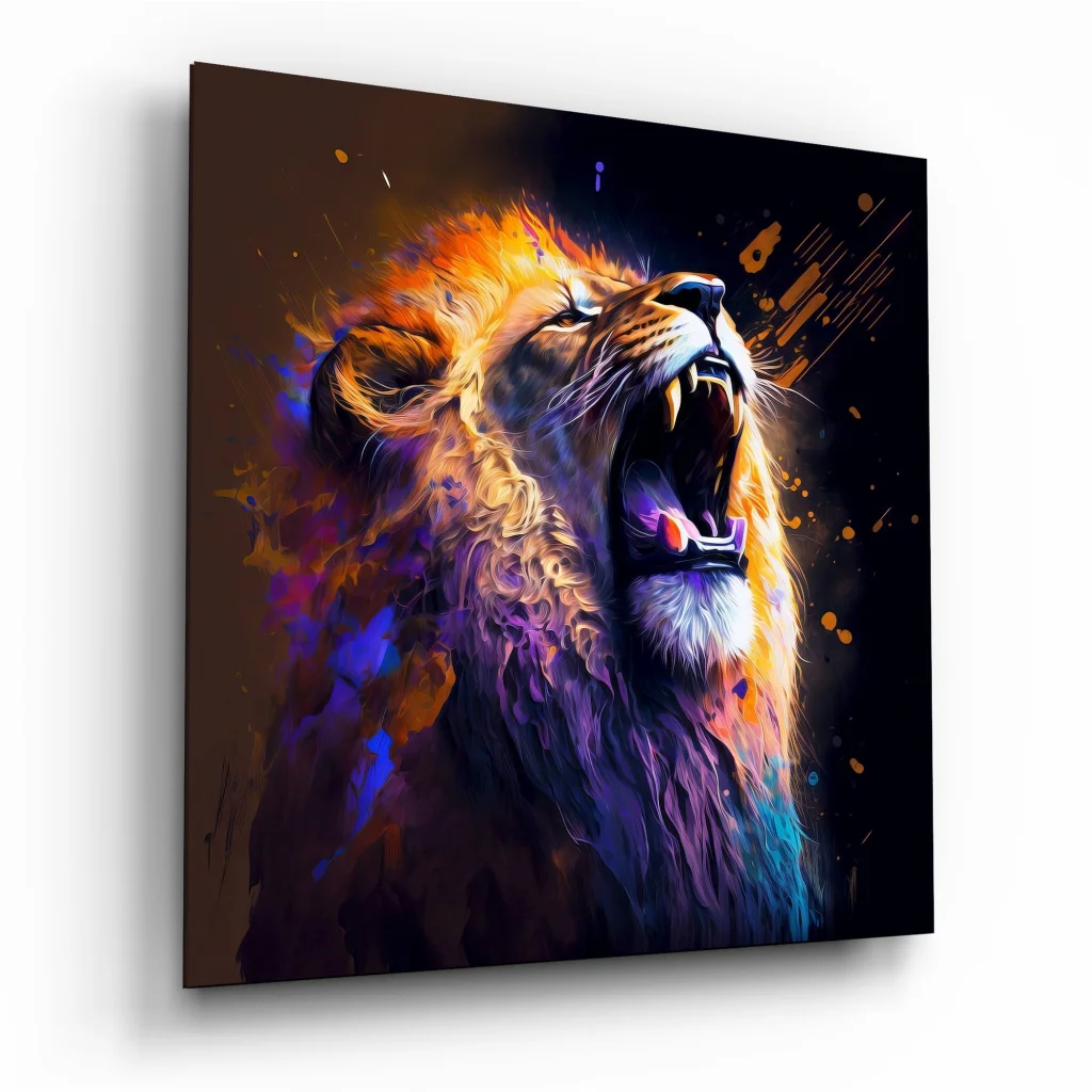 Fierce Lion Tempered Glass Art with Neon Fire Mane | Insigneart USA | vintageantiquesgifts.com