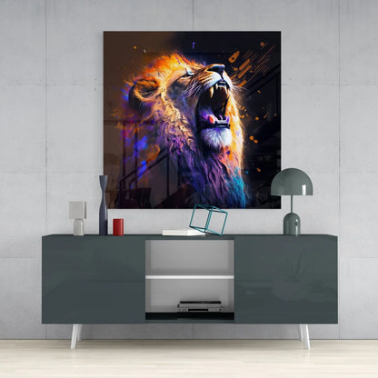 Fierce Lion Tempered Glass Art with Neon Fire Mane | Contemporary Home Wall Art | vintageantiquesgifts.com