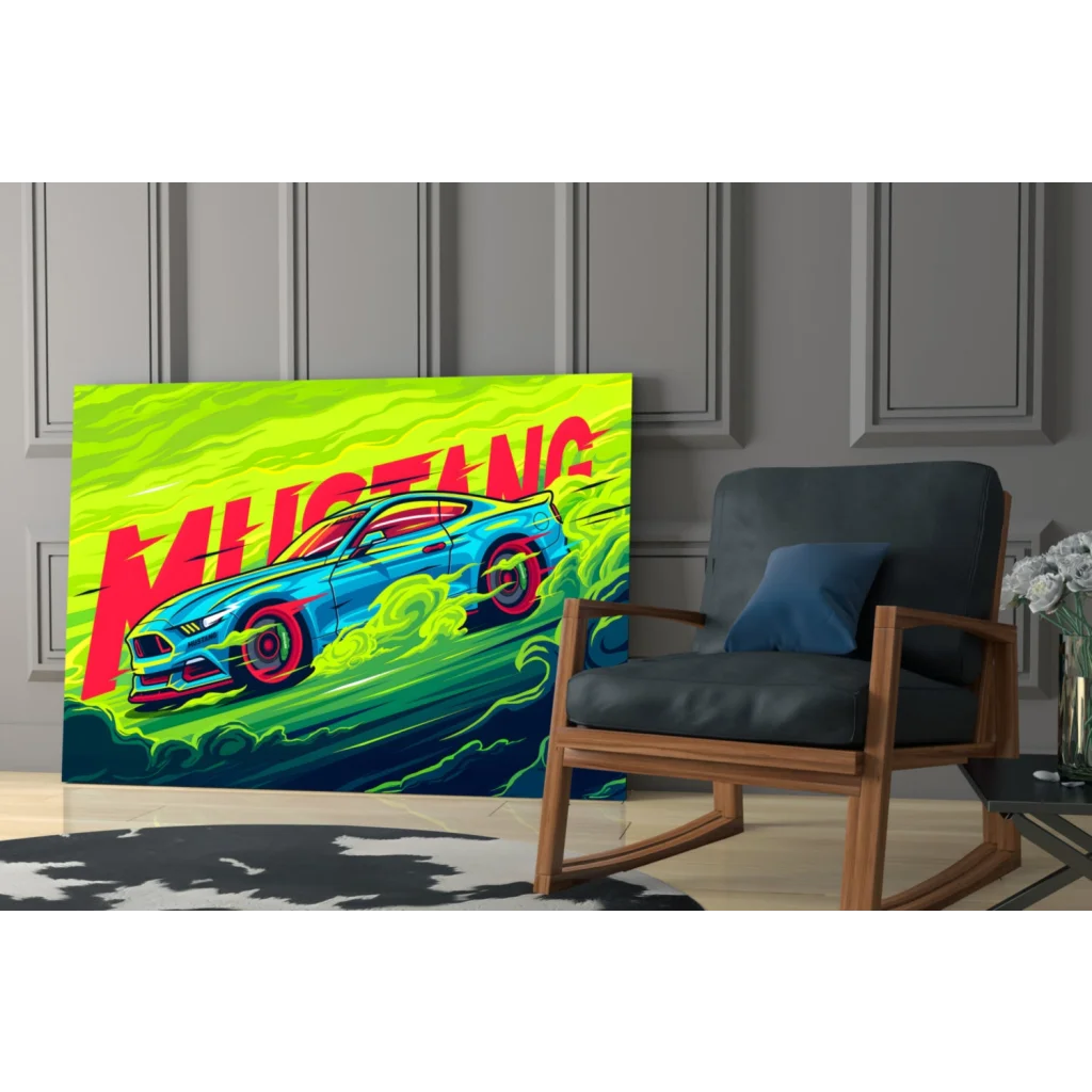Vibrant neon green blue Ford Mustang wall art canvas print
