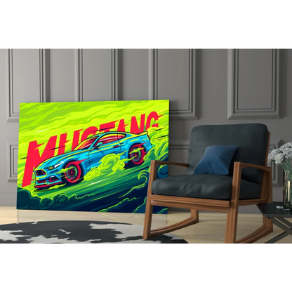Vibrant neon green blue Ford Mustang wall art canvas print