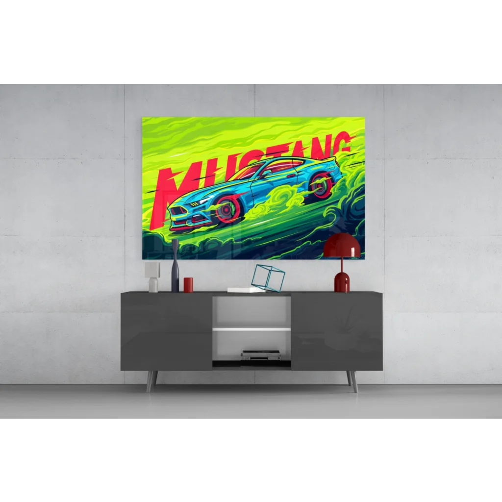 Vibrant neon green and red Ford Mustang wall art canvas print