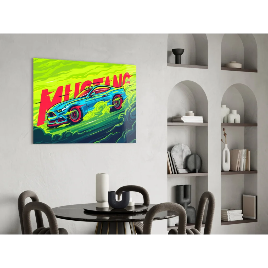 Vibrant neon Ford Mustang wall art canvas with blue car and pink wheels