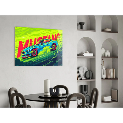 Vibrant neon Ford Mustang wall art canvas with blue car and pink wheels