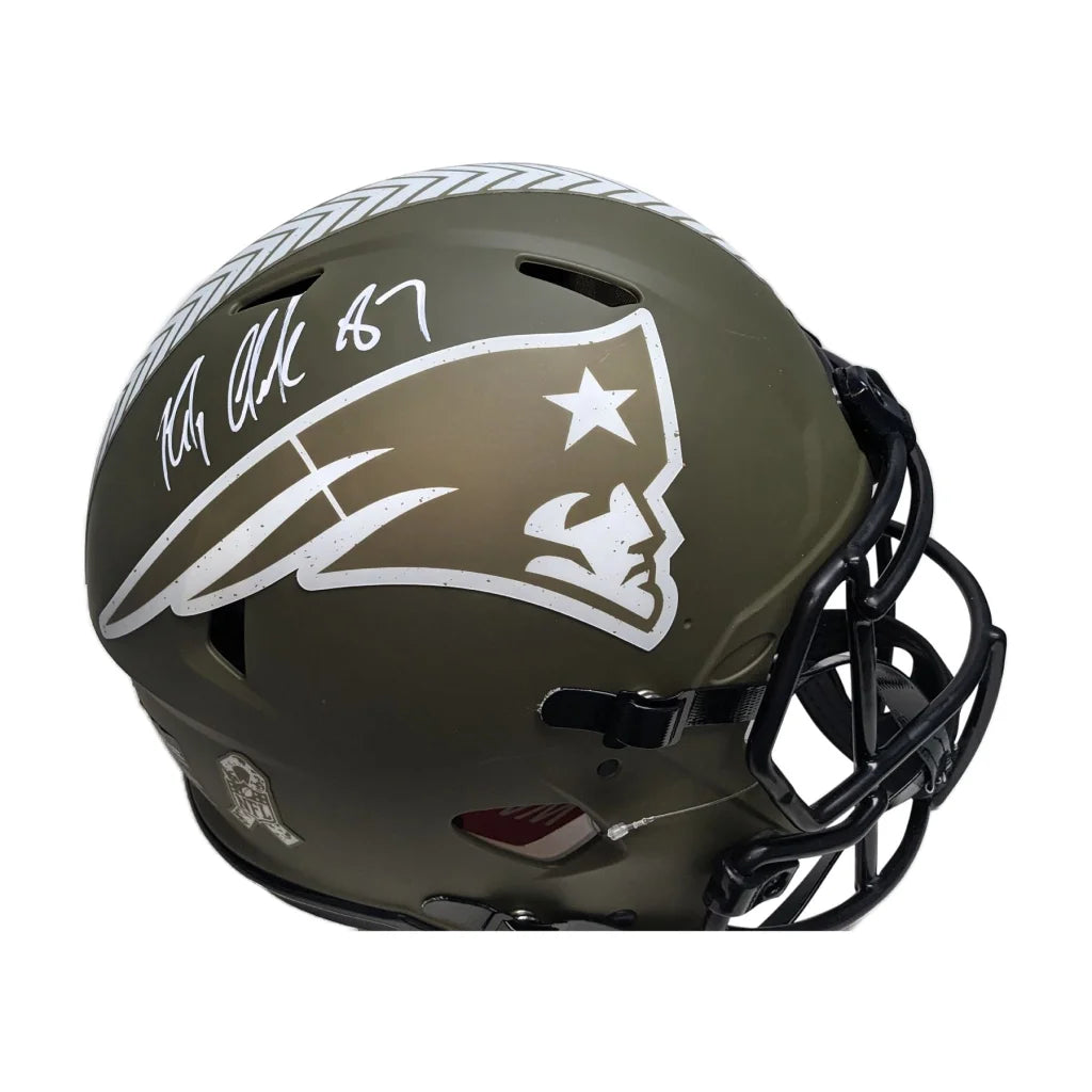 Olive green New England Patriots mini helmet with Pats Salute Authentic logo