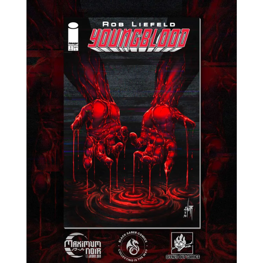 Rob Liefeld’s blood-soaked Youngblood hands dripping red on dark background
